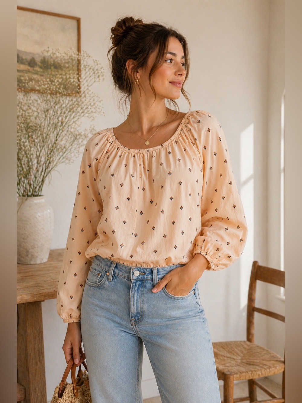 Madewell romantic cottagecore floral boho peasant blouse soft peach small